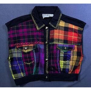 VTG Vest Jacket L Women's Cropped Bold Stitch 90's Speed Limit MPH Plaid Patched